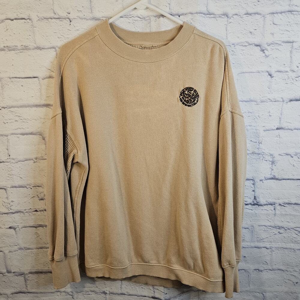 Aerie Women's Getaway Oversized Waffle Sweatshirt Tan Leopard Smiley Face, XS